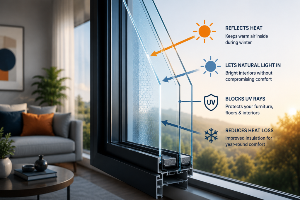 Low-E glass window improving insulation and energy efficiency