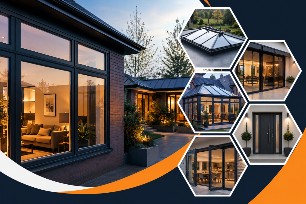 A premium architectural collage showcasing elegant Low-E glazing applications in modern homes.