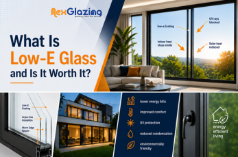 Modern living room with large Low-E glass windows reducing heat and UV rays.